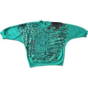 Vintage Green Black Leather Glitter Sweatshirt Leopard Tiger 80s Rock Retro Glam